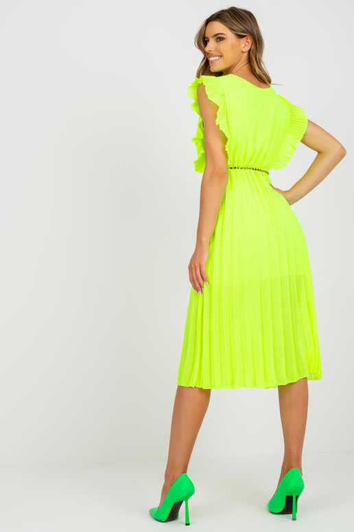 Fluo žluté řasené viskózové midi šaty