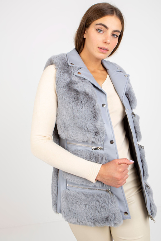 Šedá dámská vesta z eko kůže s kožešinou