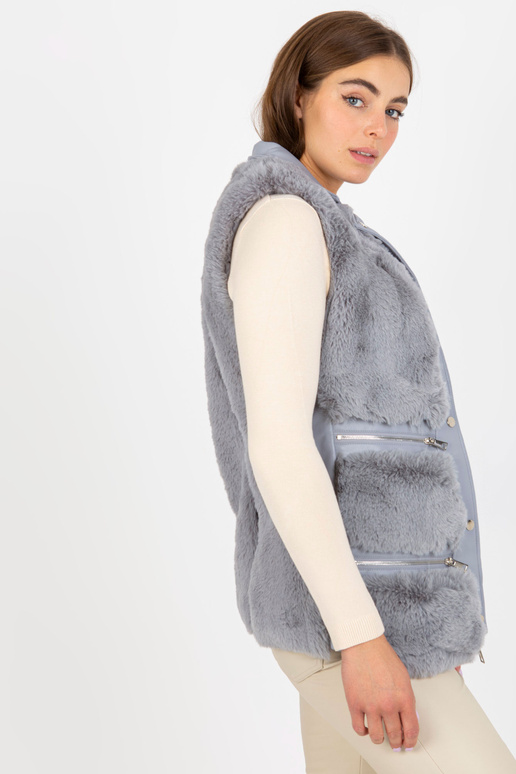 Šedá dámská vesta z eko kůže s kožešinou