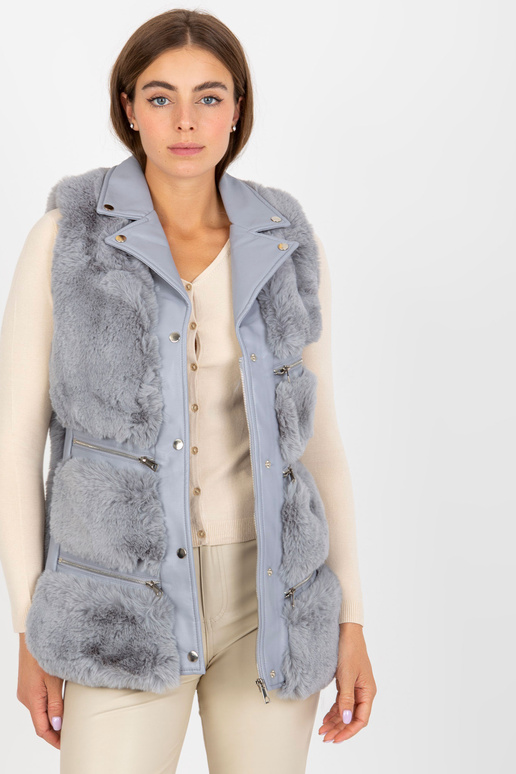 Šedá dámská vesta z eko kůže s kožešinou