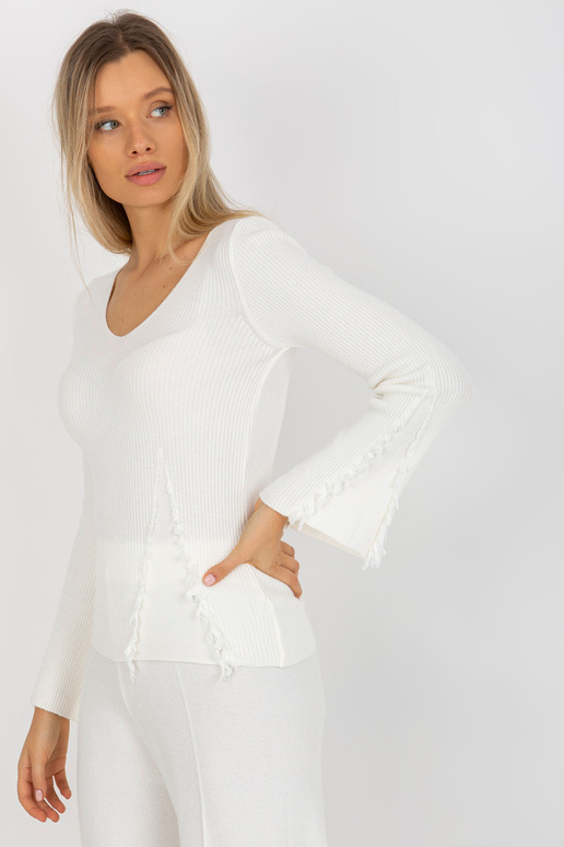 Ecru prążkowany sweter klasyczny z...