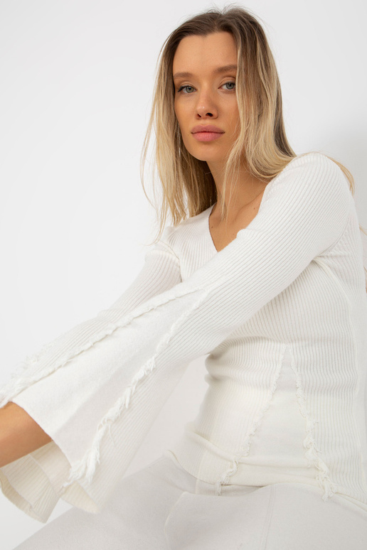 Ecru prążkowany sweter klasyczny z...