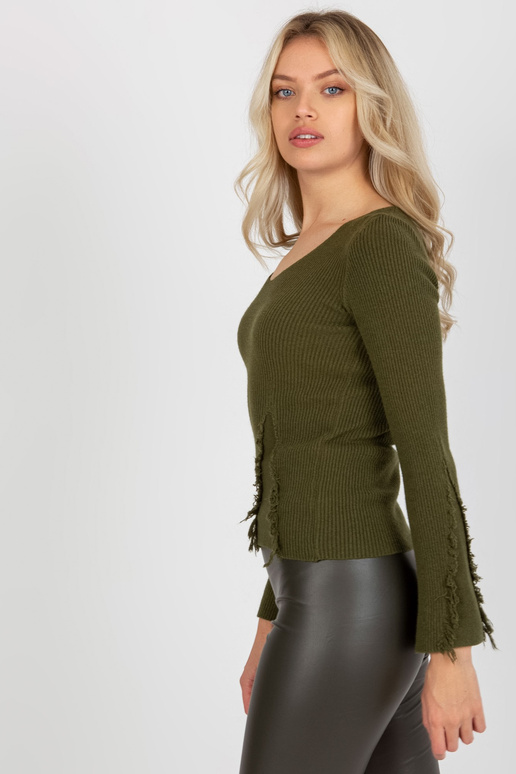 Khaki žebrovaný klasický svetr s...