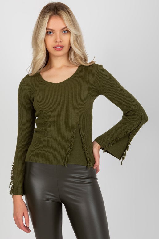 Khaki žebrovaný klasický svetr s...