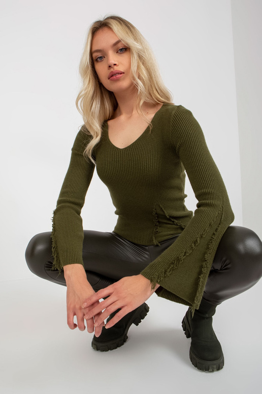 Khaki žebrovaný klasický svetr s...