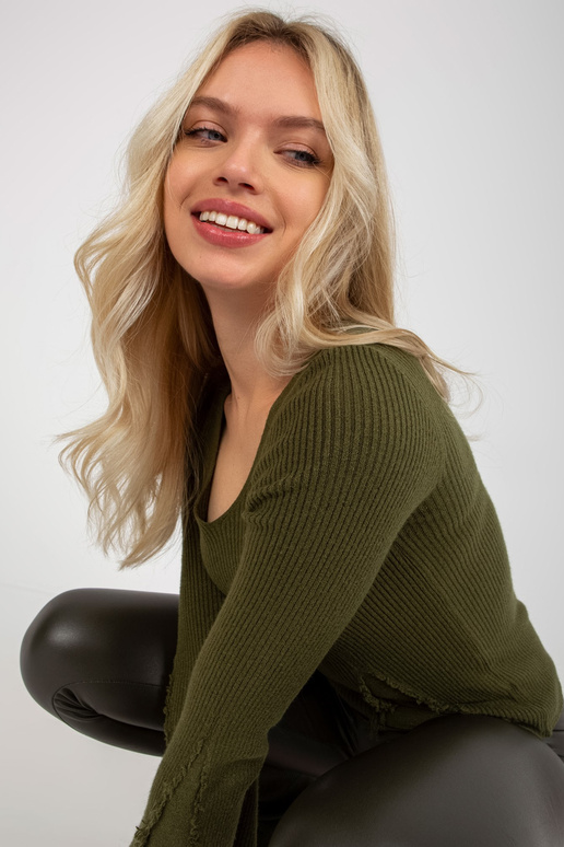 Khaki žebrovaný klasický svetr s...