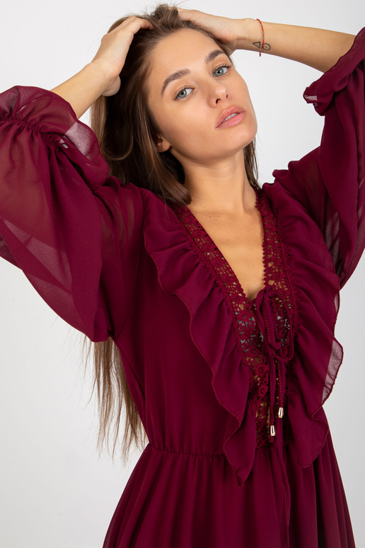 Vínové boho šaty s volánem a uzlovým...