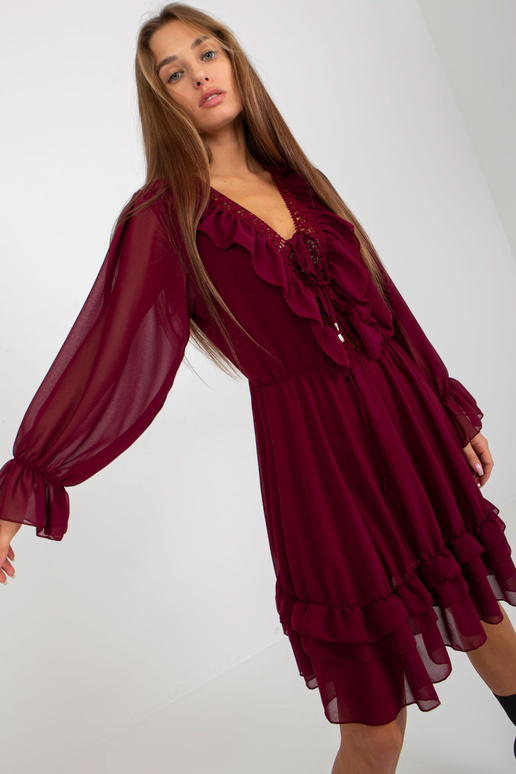Vínové boho šaty s volánem a uzlovým...