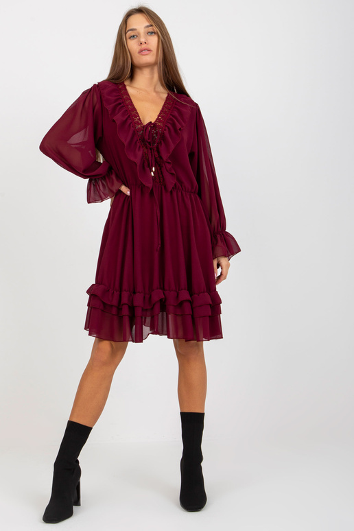 Vínové boho šaty s volánem a uzlovým...