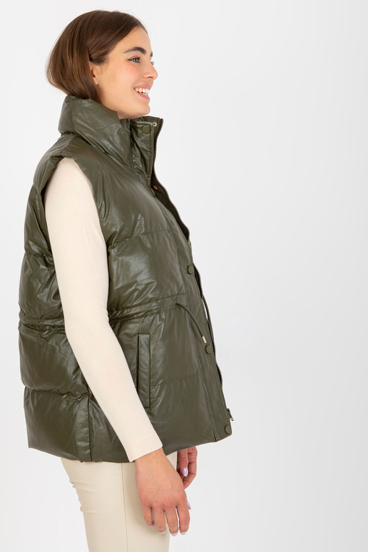 Khaki péřová vesta z eko kůže s lemy Khaki péřová vesta z eko kůže s lemy