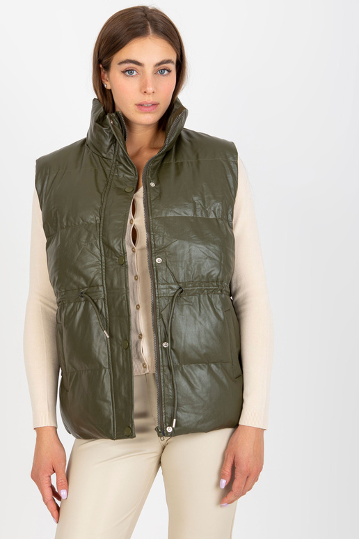 Khaki péřová vesta z eko kůže s lemy Khaki péřová vesta z eko kůže s lemy