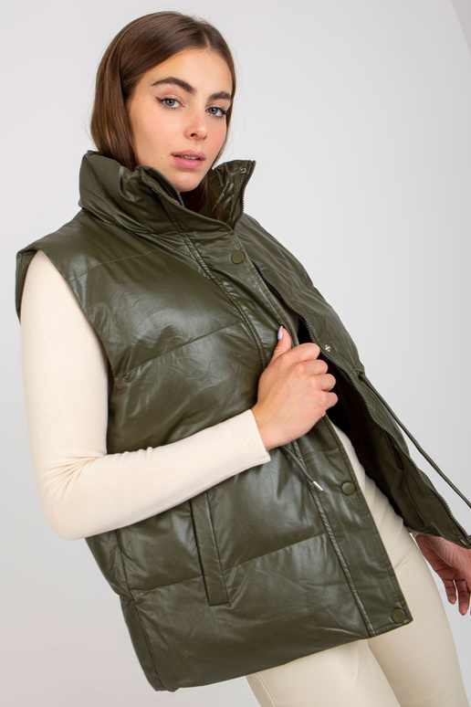 Khaki péřová vesta z eko kůže s lemy Khaki péřová vesta z eko kůže s lemy