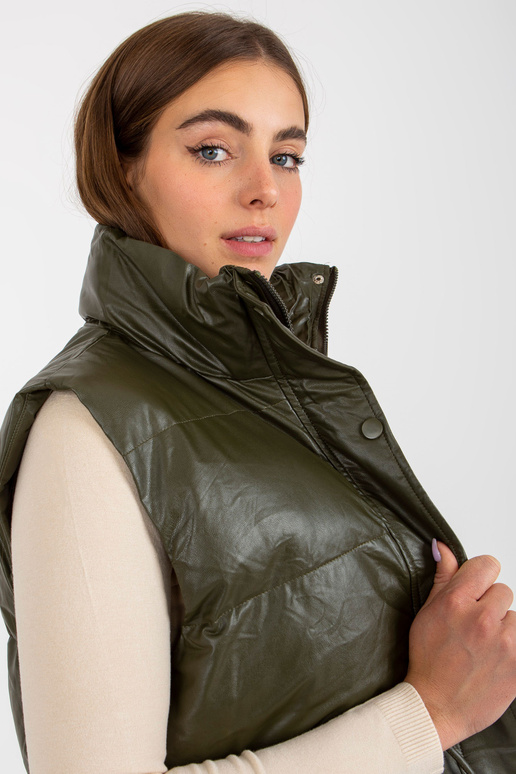 Khaki péřová vesta z eko kůže s lemy Khaki péřová vesta z eko kůže s lemy