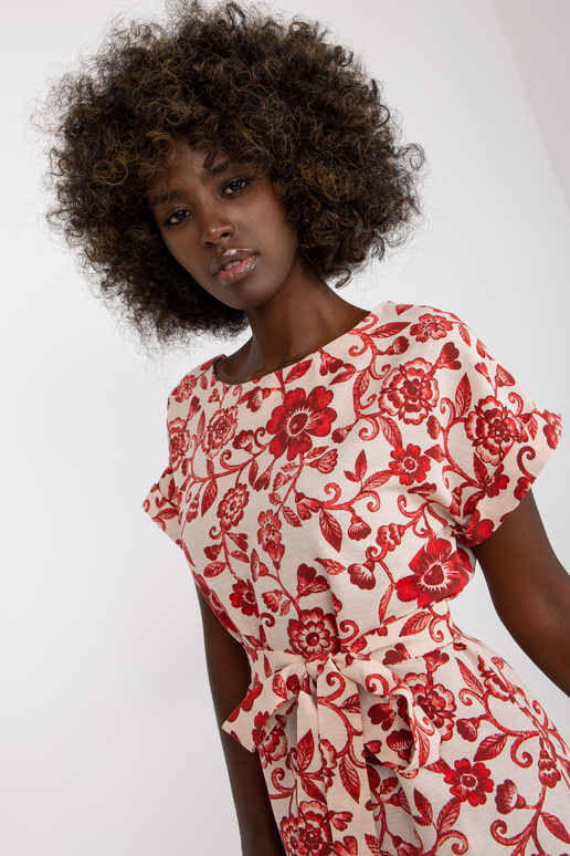 Béžové a červené lněné šaty s...