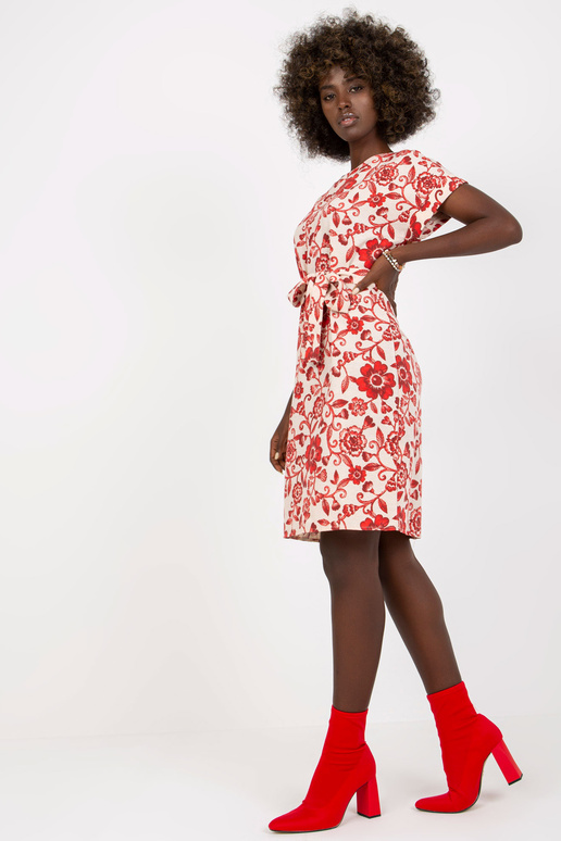 Béžové a červené lněné šaty s...