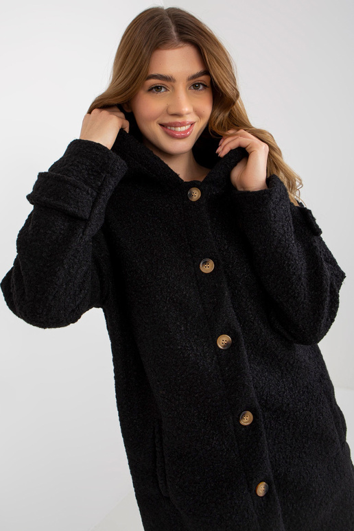 Dámský černý plyšový kabát s kapucí