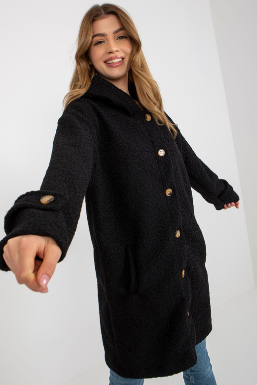 Dámský černý plyšový kabát s kapucí