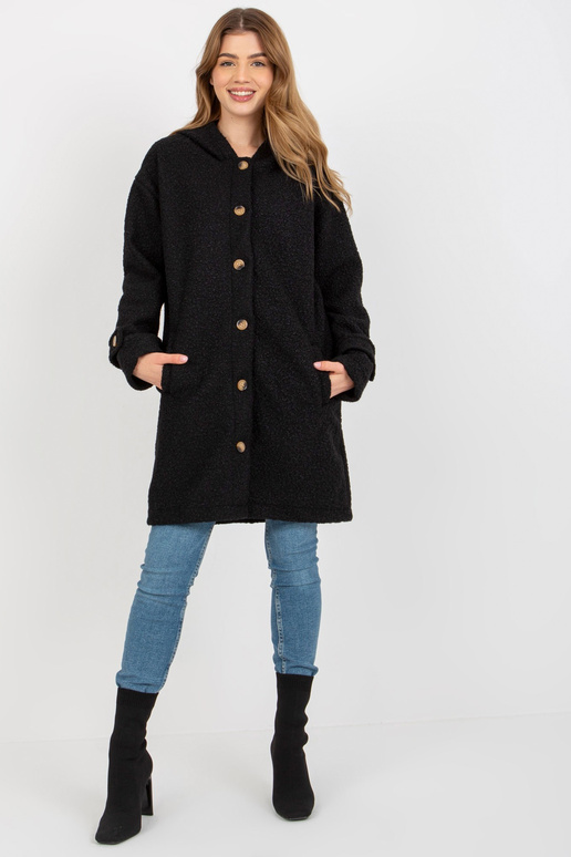 Dámský černý plyšový kabát s kapucí