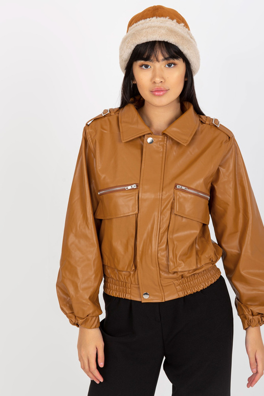 Camel krátká bunda z eko kůže s kapsami
