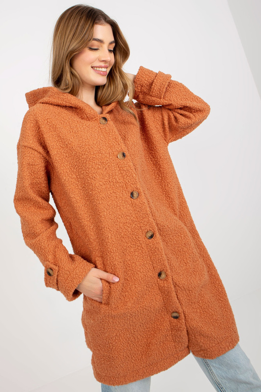 Tmavě oranžový plyšový dámský kabát s...