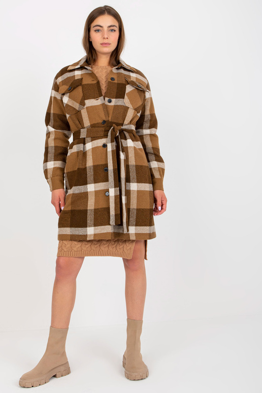Hnědý dámský kostkovaný kabát se...