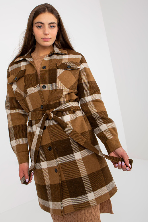 Hnědý dámský kostkovaný kabát se...