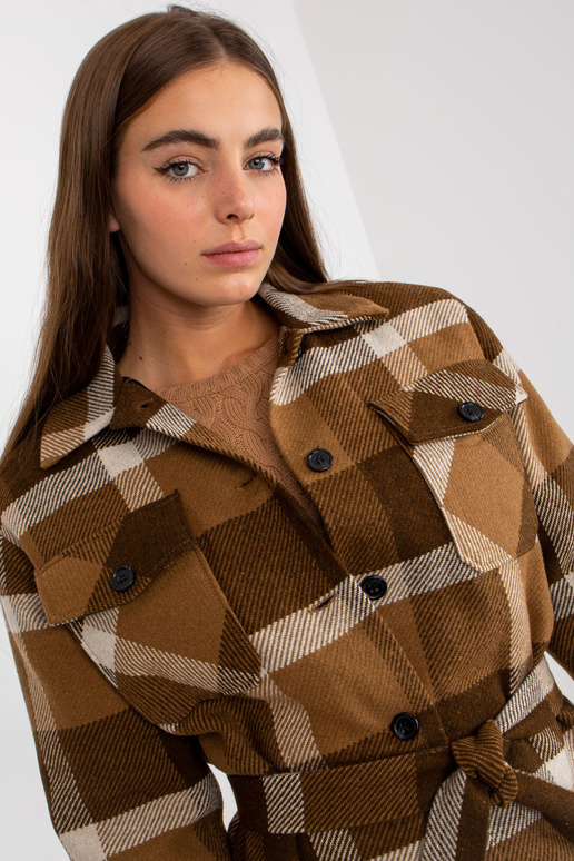 Hnědý dámský kostkovaný kabát se...