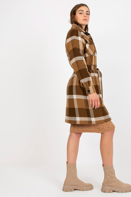 Hnědý dámský kostkovaný kabát se...