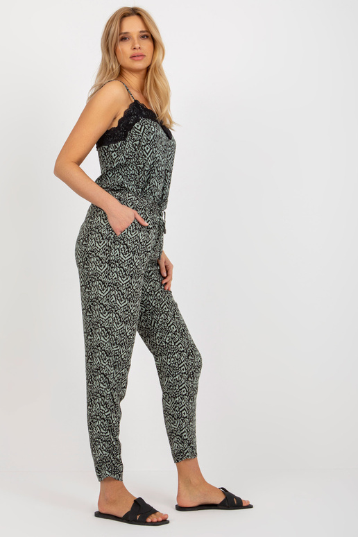 Khaki viskózové kalhoty z potištěné...