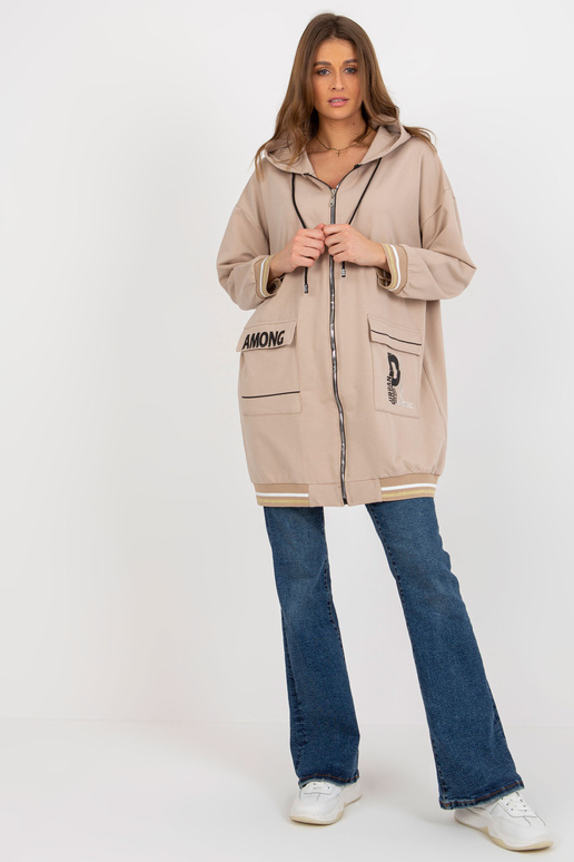 Béžová dlouhá mikina s kapucí a kapsami