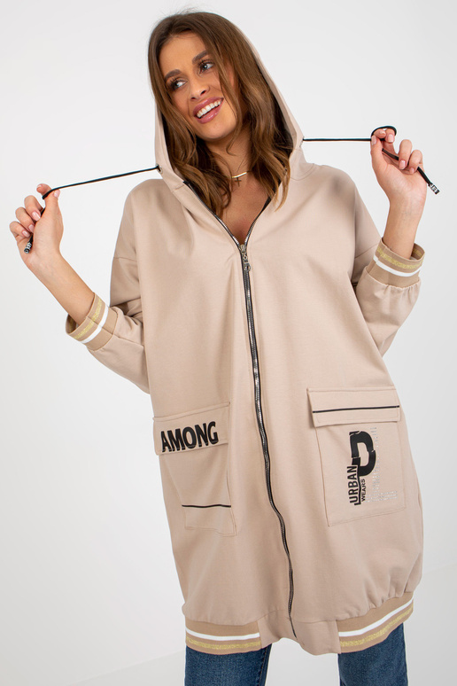 Béžová dlouhá mikina s kapucí a kapsami