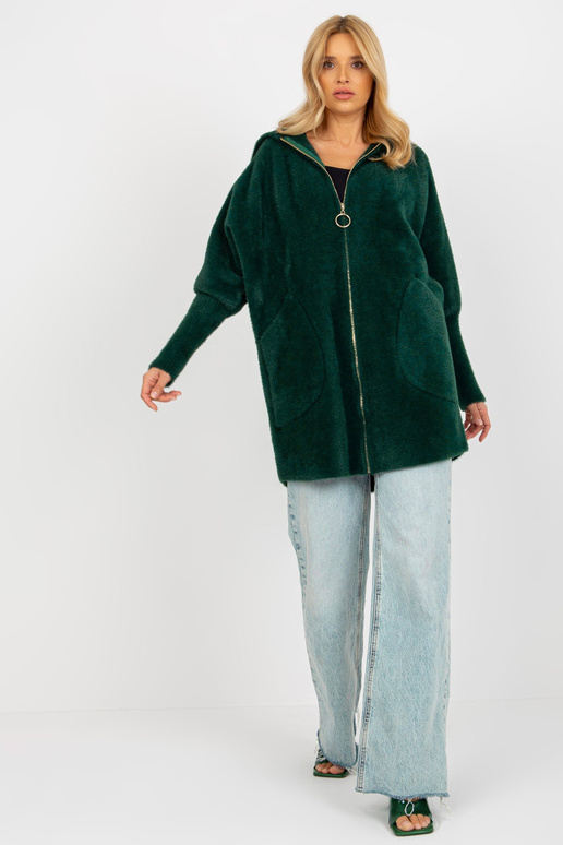 Tmavě zelený kabát z alpaky s kapucí...