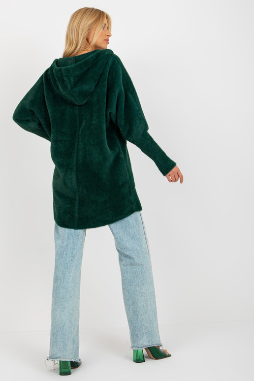 Tmavě zelený kabát z alpaky s kapucí...