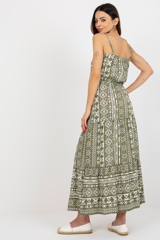 Khaki maxi šaty s volánovými vzory...