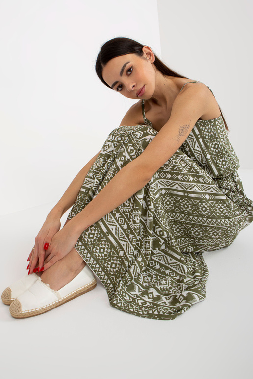 Khaki maxi šaty s volánovými vzory...