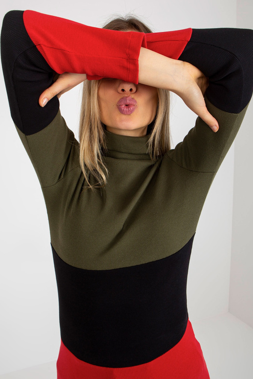 Khaki-červená žebrovaná halenka s...