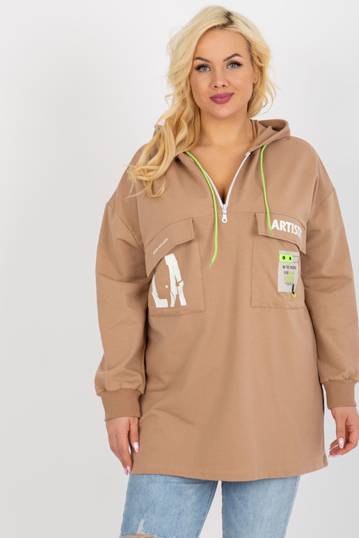 Camel delší mikina plus size s kapsami