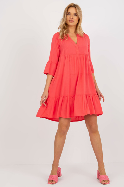 Korálové volné volánové šaty s 3/4...