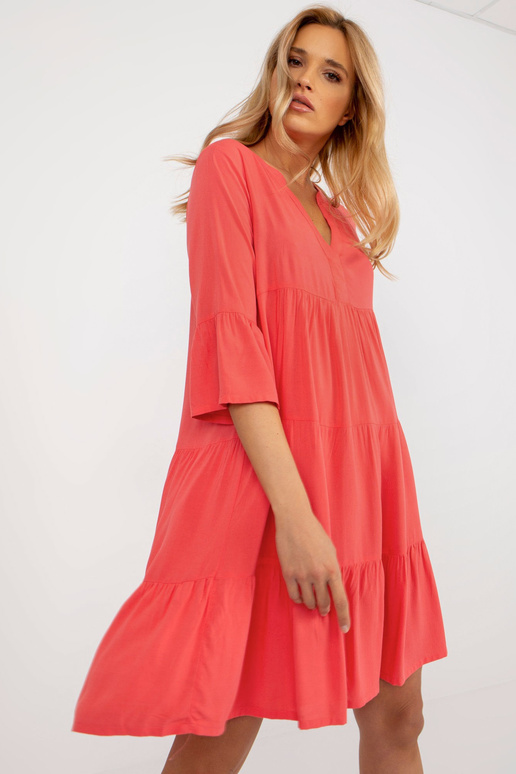 Korálové volné volánové šaty s 3/4...