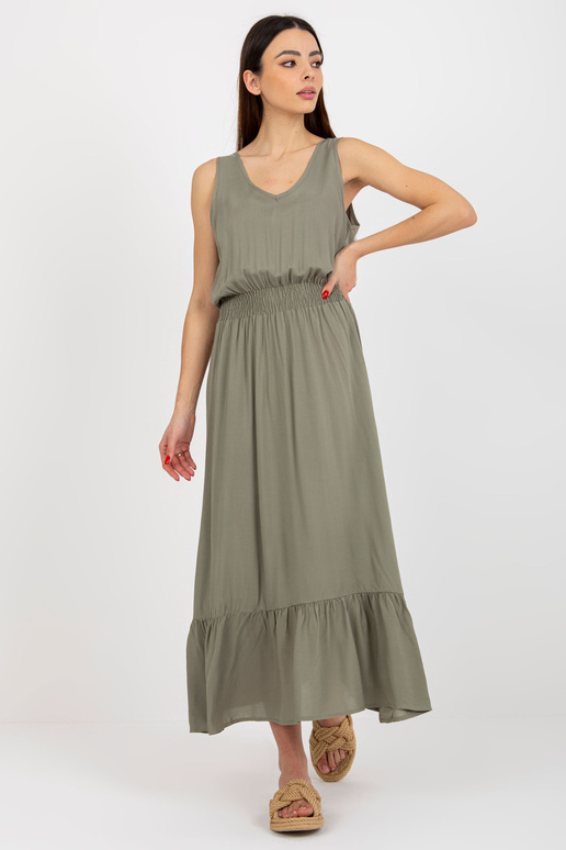 Khaki maxi šaty s volánky bez rukávů...