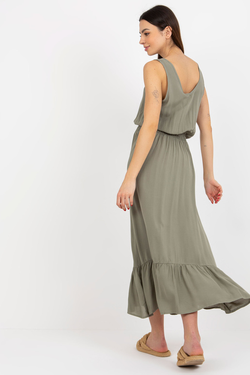 Khaki maxi šaty s volánky bez rukávů...