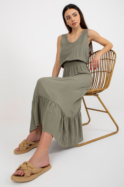 Khaki maxi šaty s volánky bez rukávů...