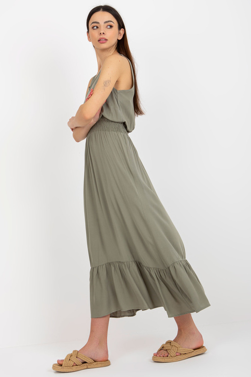 Khaki maxi šaty s volánky bez rukávů...