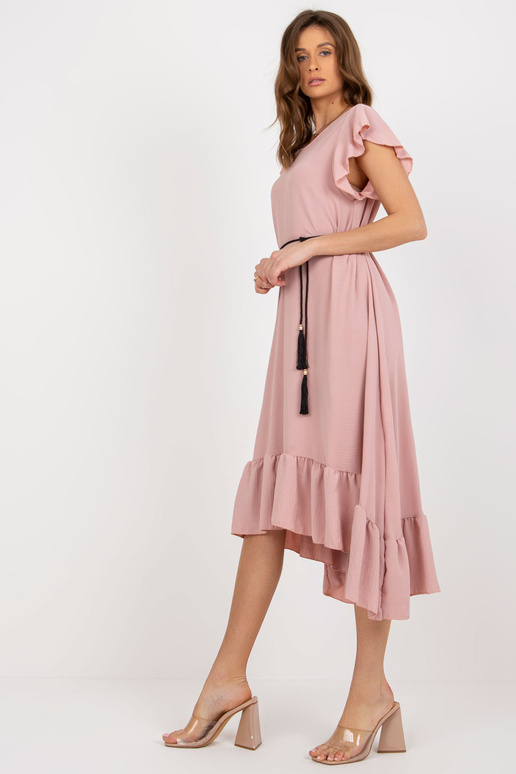 Světle růžové midi šaty s volánem a...