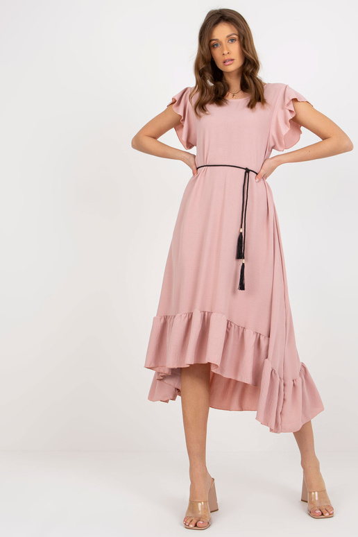 Světle růžové midi šaty s volánem a...