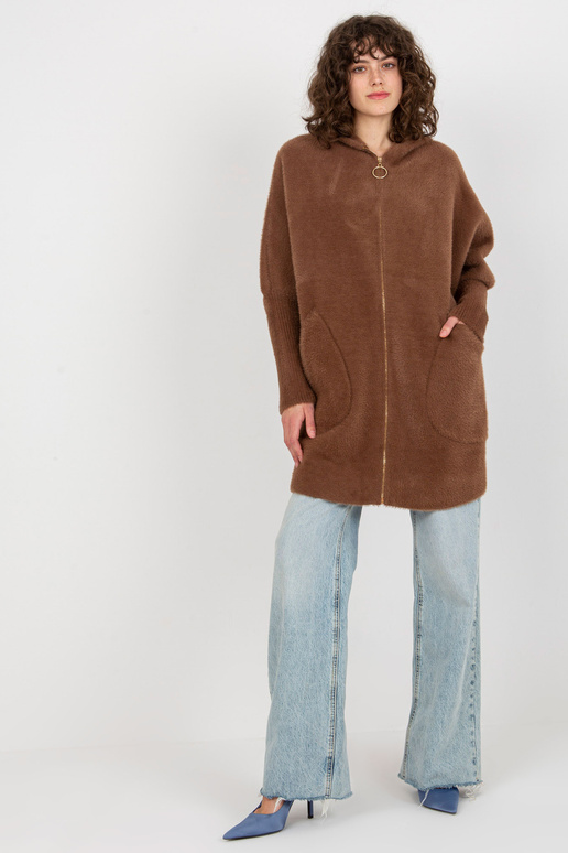 Hnědý dámský alpakový kabát se zipem