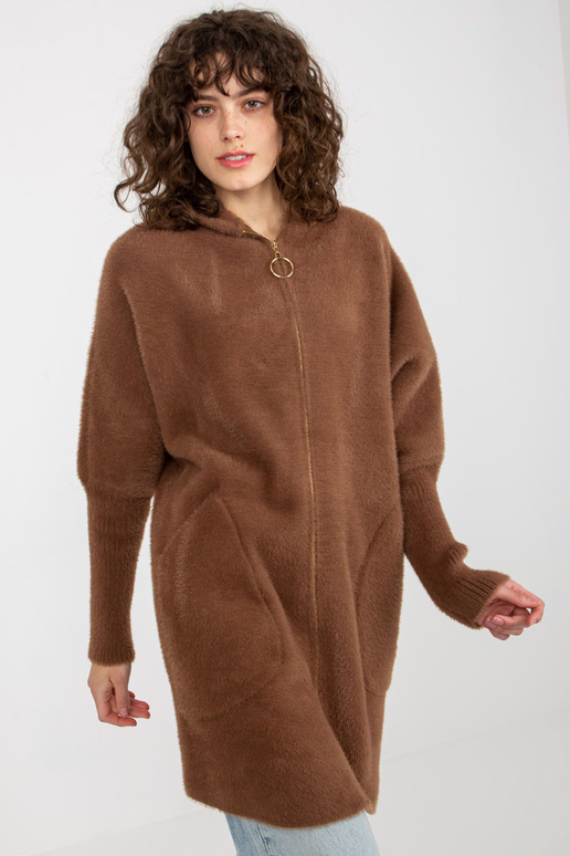 Hnědý dámský alpakový kabát se zipem