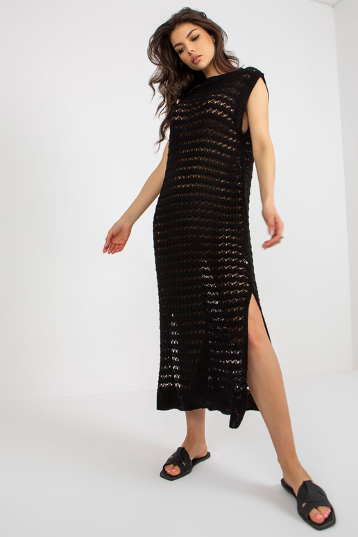 Černé plážové pletené šaty s rozparky Černé plážové pletené šaty s rozparky