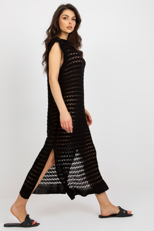 Černé plážové pletené šaty s rozparky Černé plážové pletené šaty s rozparky