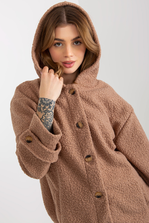Tmavě béžový plyšový dámský kabát s...